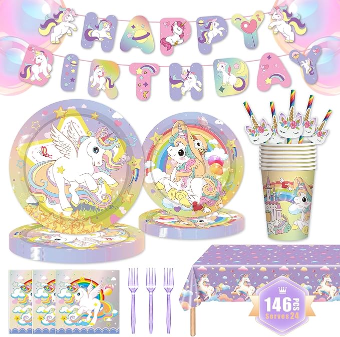 146Pcs Unicorn Plates and Napkins Party Supplies Includes Plates