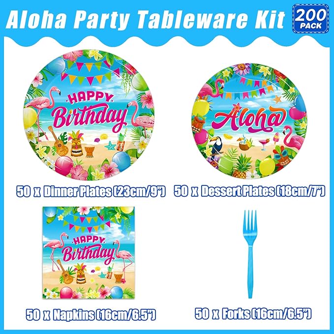200Pcs Hawaiian Aloha Party Tableware Set Luau Tropical Birthday