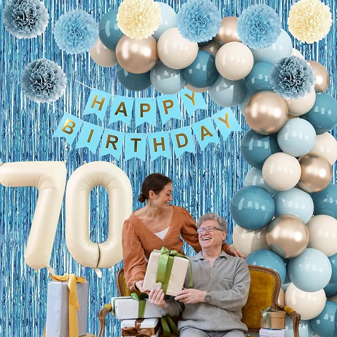 Dusty Blue 70th Birthday Party Decorations for Women Men Beige Cream
