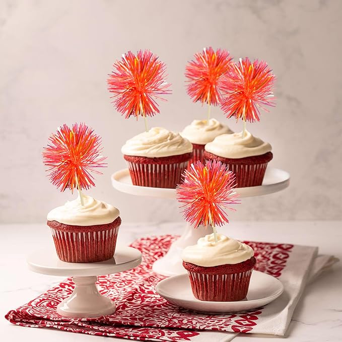 Gyufise 30Pcs Foil Firework Cupcake Toppers Sparkle Tinsel Cake Topper