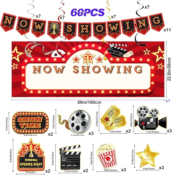 Movie Night Party Decorations Kit 60 Pcs Now Showing Banner Hanging
