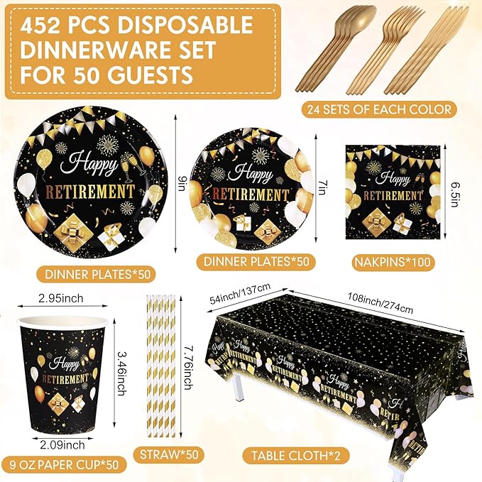 452 Pcs Happy Retirement Party Decorations Men for 50 Guests Black