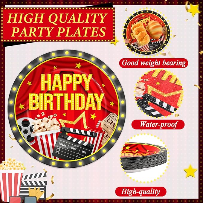 96PCS Movie Theme Birthday Party Paper Plates and Napkins Happy