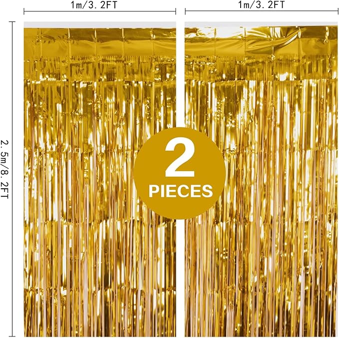 2 Pack Gold Fringe Curtain Backdrop, 3.2Ft x 8.2Ft Metallic Photo
