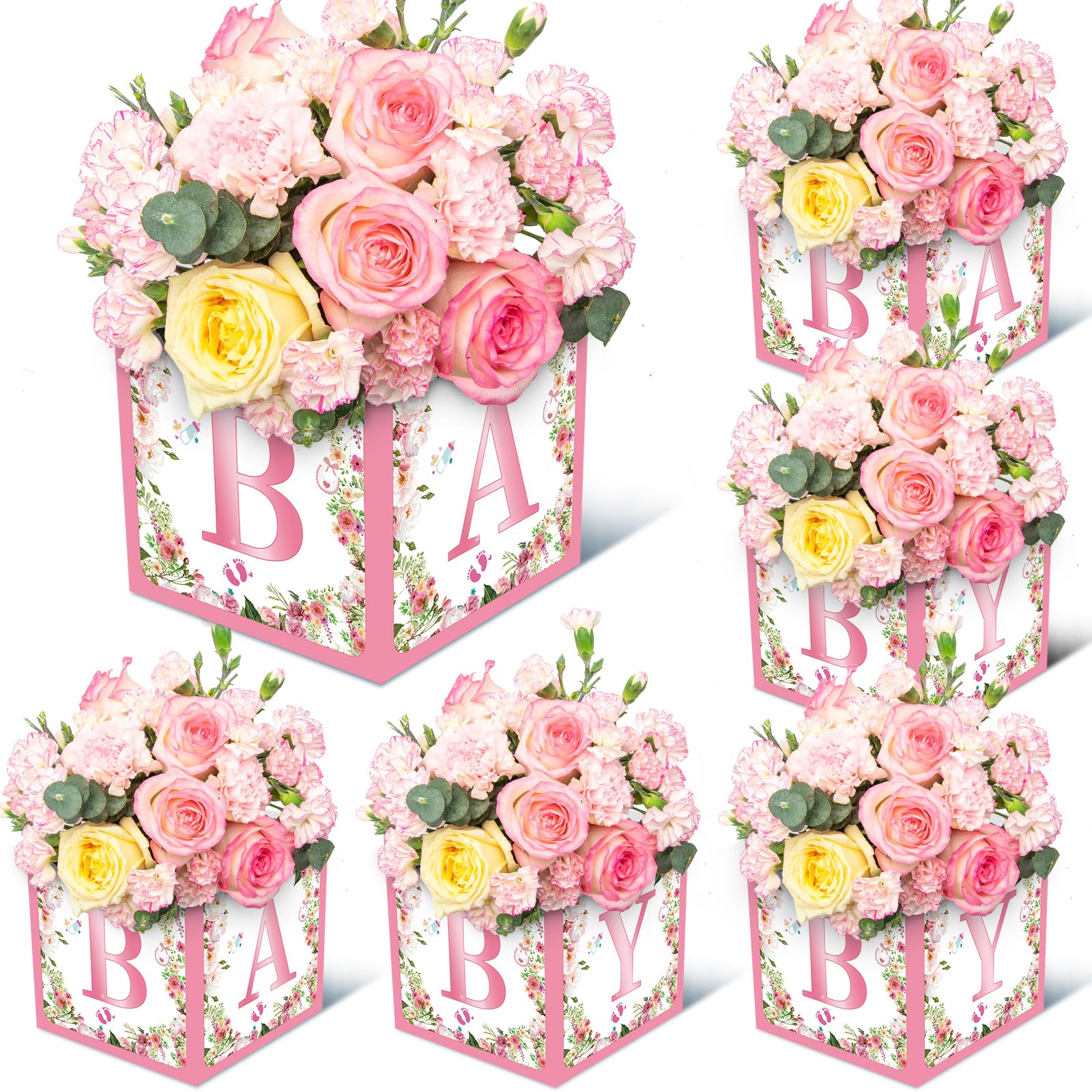 Jremreo 6 Pack 7x7x7 Inches Pink Floral Baby Shower Centerpiece Boxes