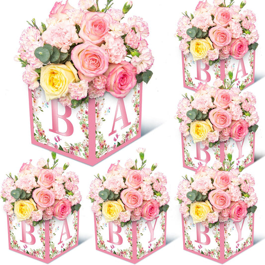 Jremreo 6 Pack 7x7x7 Inches Pink Floral Baby Shower Centerpiece Boxes