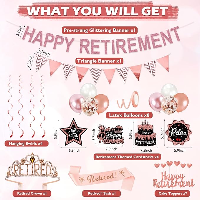 Rose Gold Retirement Party Decorations for Women Retired Crown and