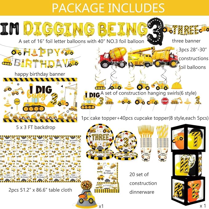 345 Pcs Construction 3rd Birthday Party Supplies Dump Truck Three
