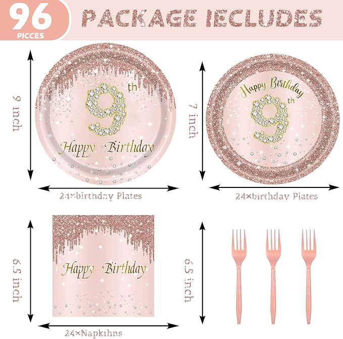 24 Sets 9th Rose Gold Birthday Party Decrations for Girls 9 Birthday