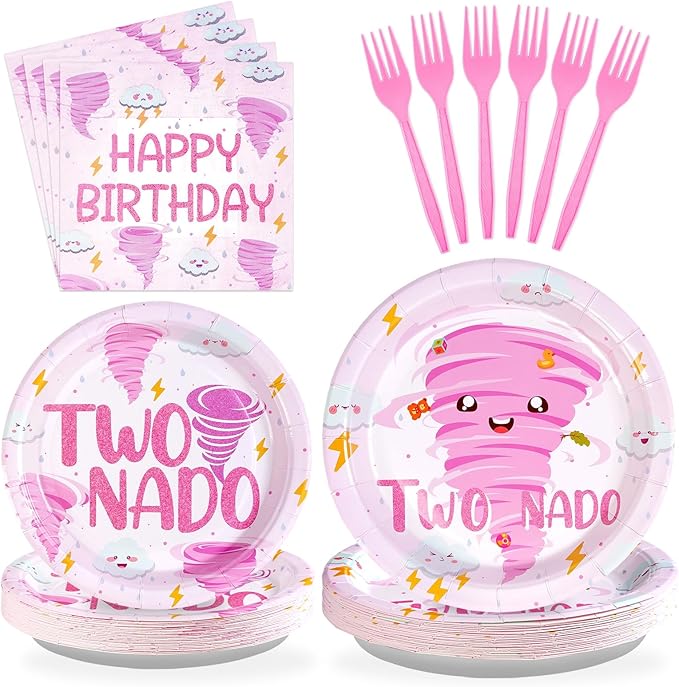 96Pcs Two Nado Party Supplies Pink Tornado 2nd Birthday Plates and