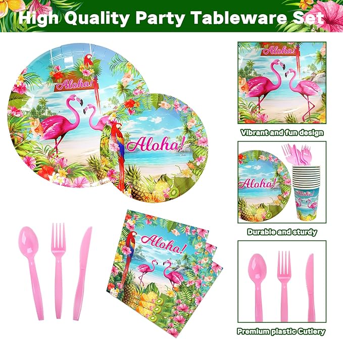 175 Pcs Aloha Tropical Flamingo Party Supplies Set Serves 25