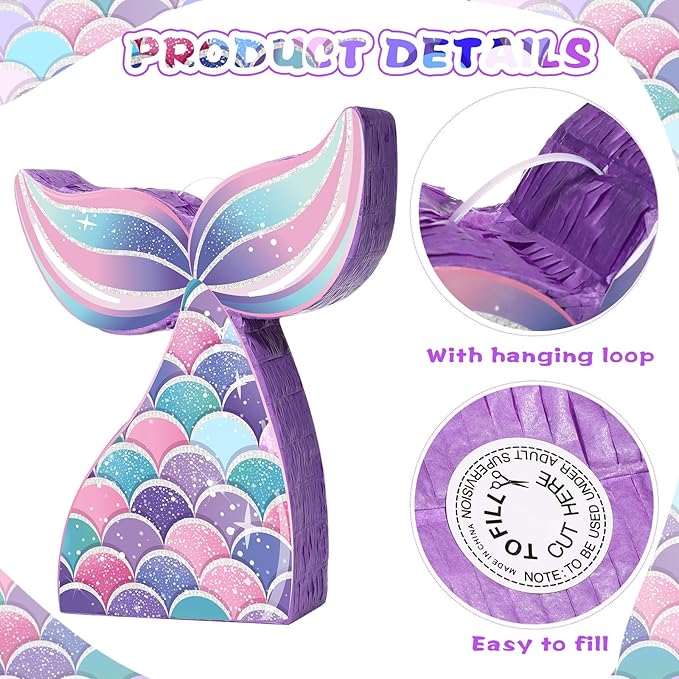 Mermaid Tail Piñata Ocean Supplies Pull String Seashell Fish Piñata