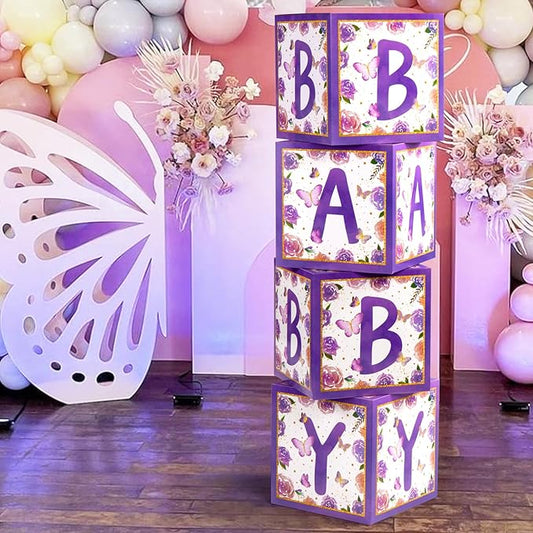 Baby Boxes with Letters and Butterfly Balloons for Gender Reveal
