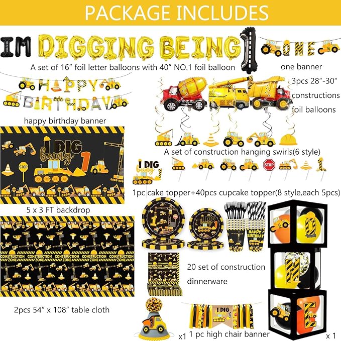 348 Pcs Construction 1st Birthday Decorations Dump Truck One Year