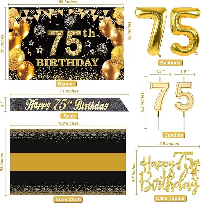 75th Birthday Decorations Men Women with 75th Birthday Banner Black