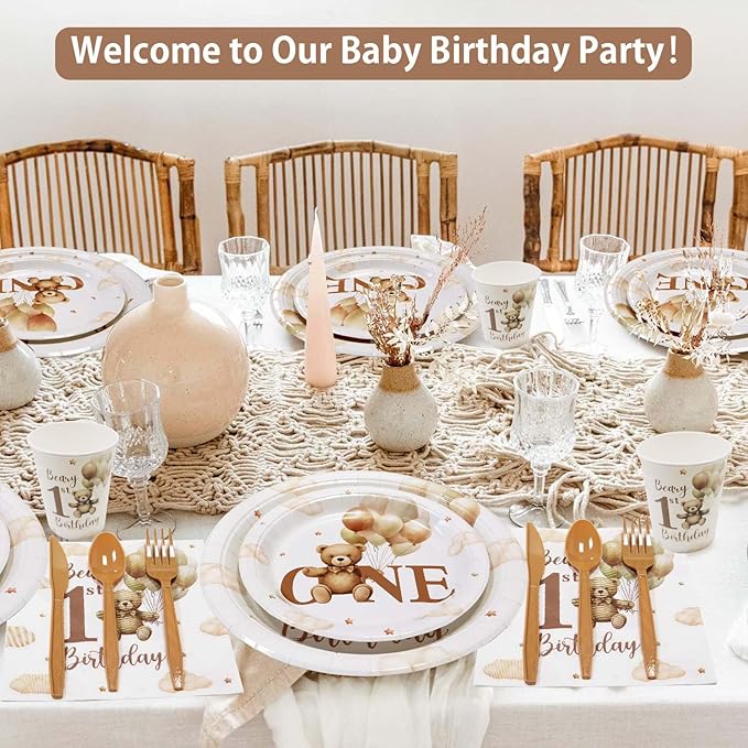 Beary First 1st Birthday Decorations Boy Plates Set 175pcs Teddy