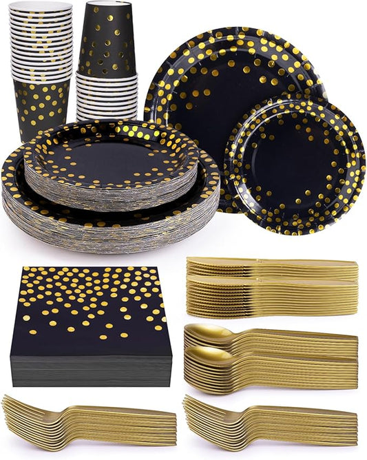 224 Pieces Party Supplies, Black and Gold Party Plates Cups and