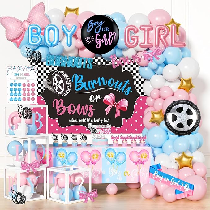 Burnouts or Bows Gender Reveal Decorations Kit 171 Pcs Boy or Girl