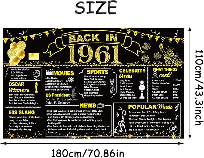 DARUNAXY 65th Birthday Black Gold Party Decoration, Back in 1961