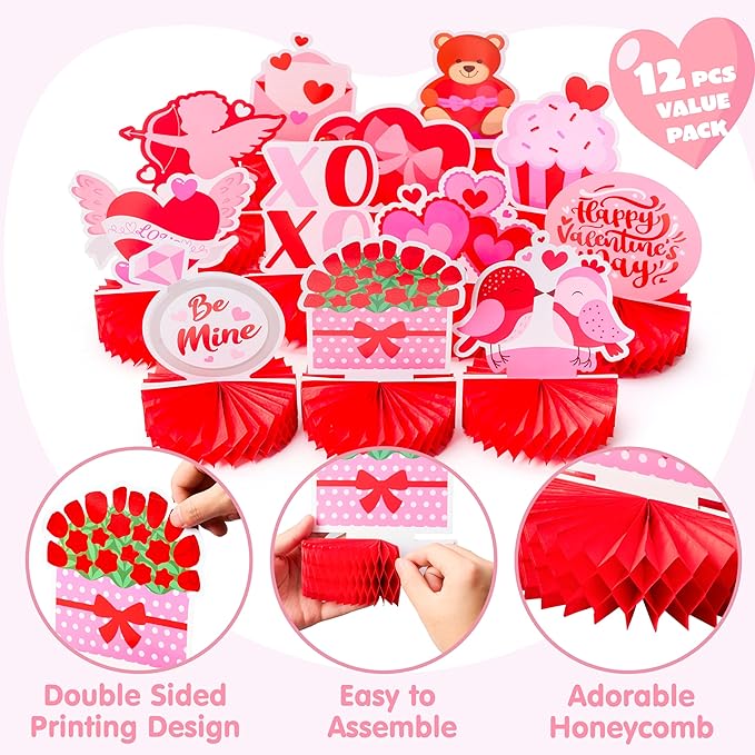 12 Pcs Valentine's Day Honeycomb Centerpieces Table Decorations with