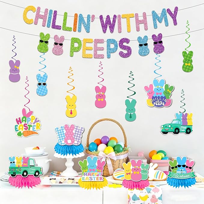 Easter Party Decorations Glitter Chillin with My Peeps Banner Swirls