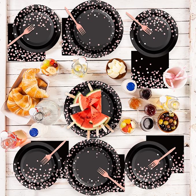 96PCS Black and Rose Gold Party Supplies Rose Gold Paper Plates