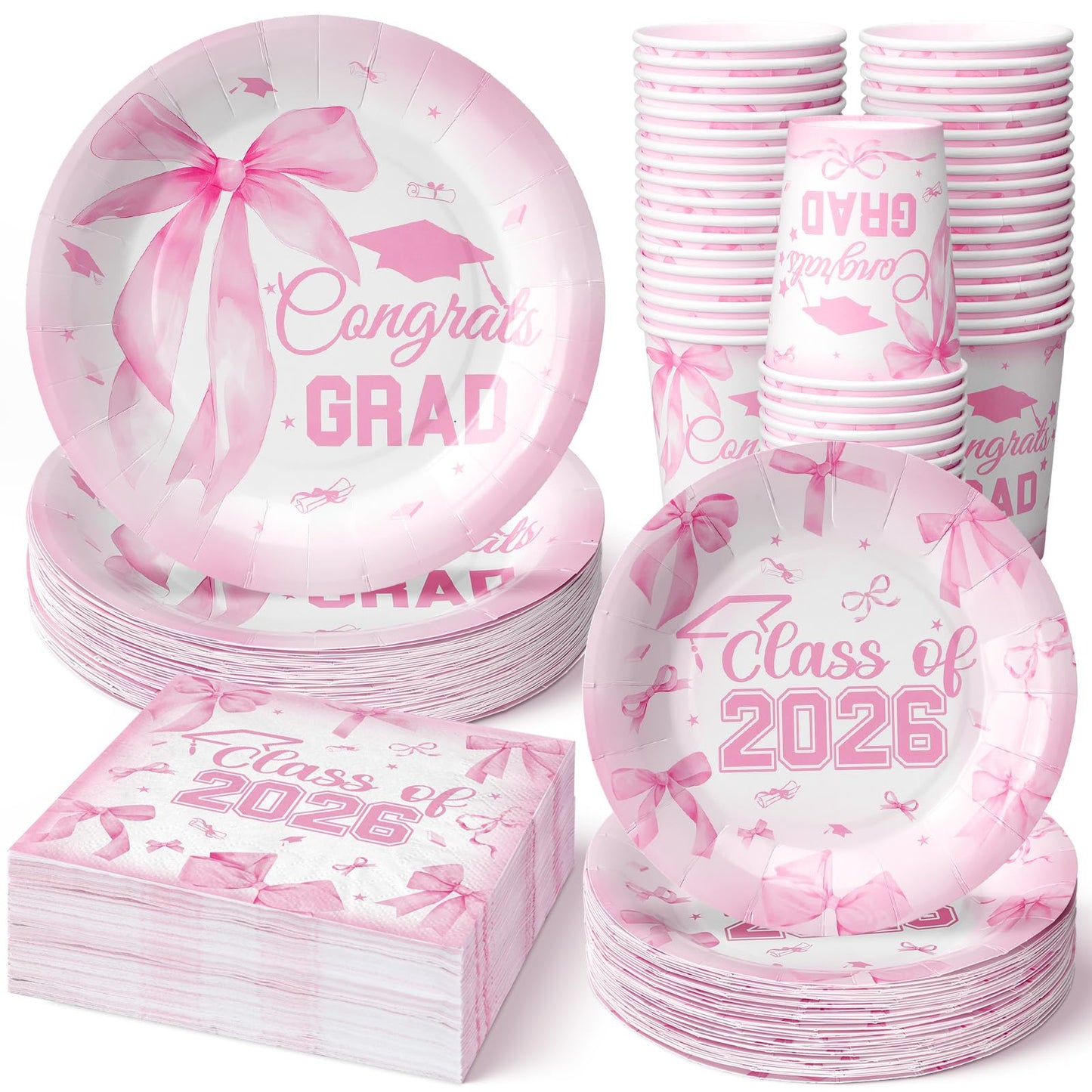 Hsei 250 Pcs Pink Graduation Disposable Plates and Napkins Bow
