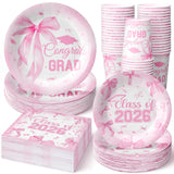 Hsei 250 Pcs Pink Graduation Disposable Plates and Napkins Bow