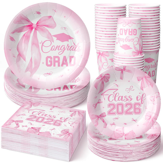 Hsei 250 Pcs Pink Graduation Disposable Plates and Napkins Bow