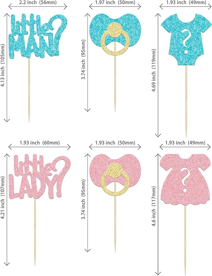 24Pcs Boy or Girl Cupcake Toppers Glitter Gender Reveal Onesie