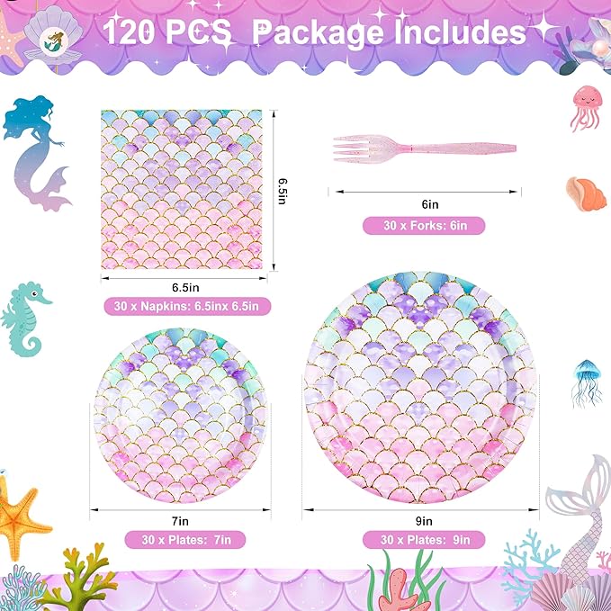 120 Pieces Mermaid Scale Birthday Party Tableware Set Includes