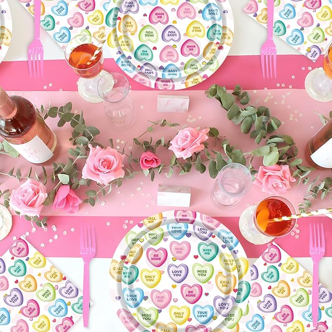 98Pcs Valentines Day Plates and Napkins Conversation Hearts Party