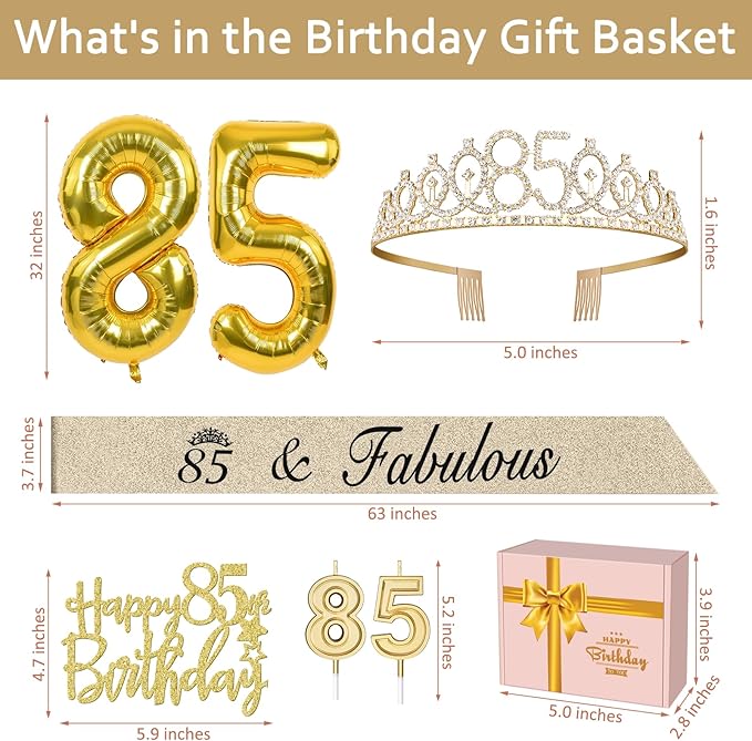 85th Birthday Decorations for Women Gold with 85th Birthday Sash and