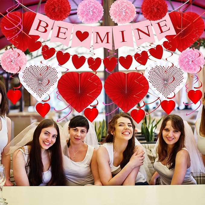26PCS Valentines Decorations Happy Valentines BE MINE Banner Heart
