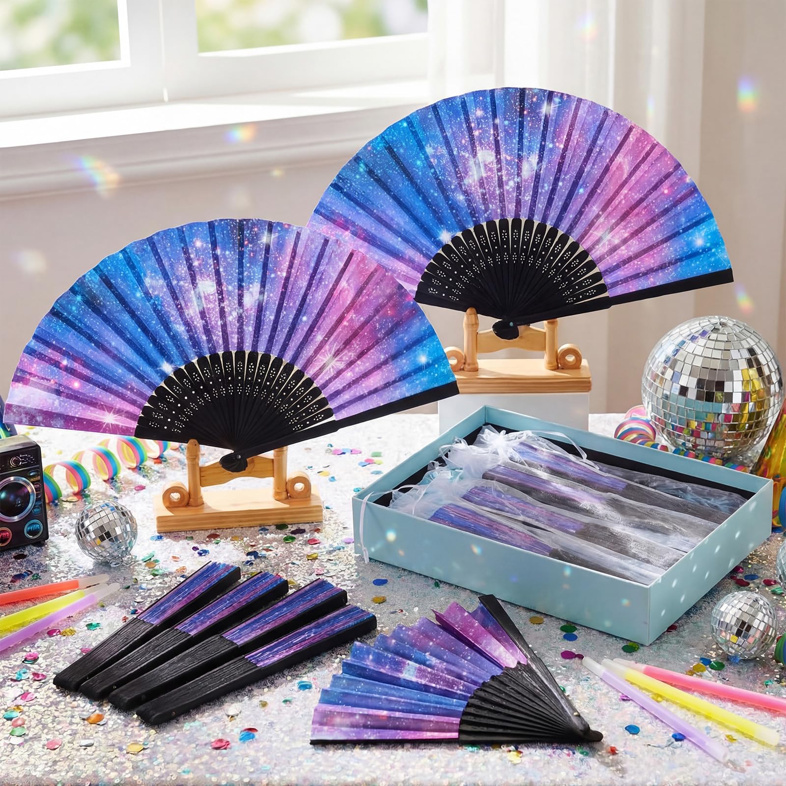 25 Pcs Galaxy Folding Hand Fan Bulk with Organza Bags Space
