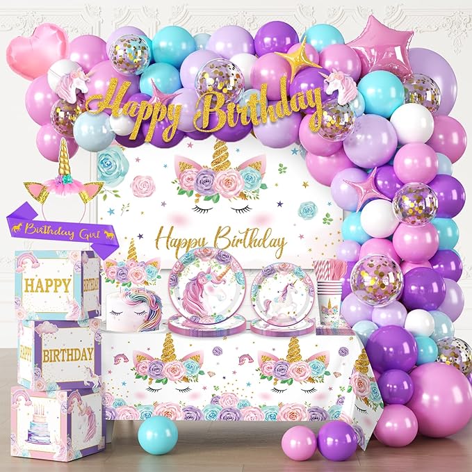 cocomigo 246PCS Unicorn Birthday Decorations Set All in One Party