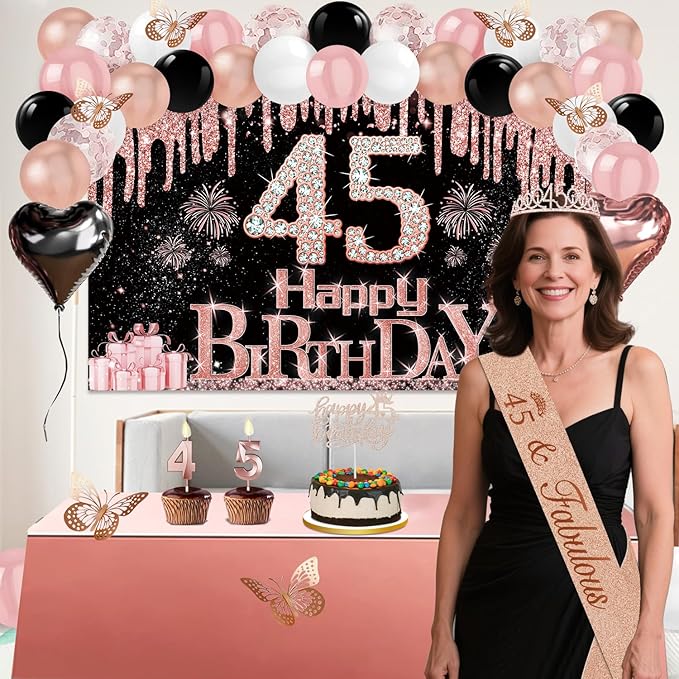 45th Birthday Decorations for Women 49pcs Black Rose Gold Black