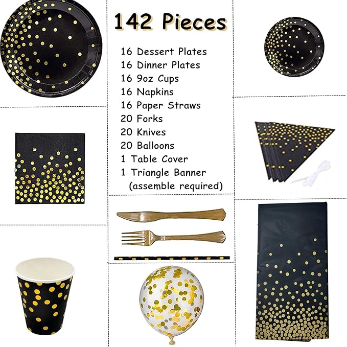142 piece black and gold party supply set Gold polka dot party