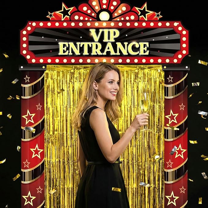 5 Pcs Movie Night Party Decorations with Gold Foil Curtain Backdrop
