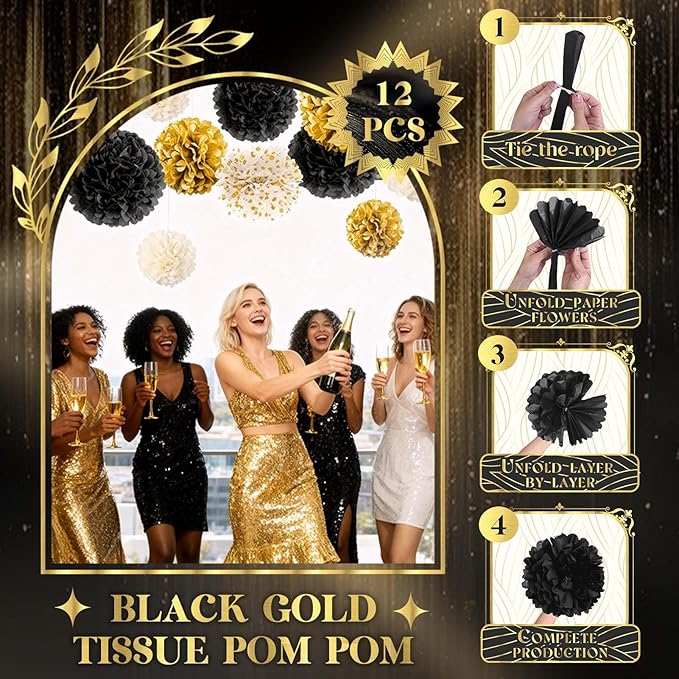 NICROLANDEE Black and Gold Party Supplies for 2026 Graduation - 12PCS