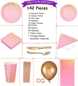 142 Piece Pink and Gold Party Supply Set, Polka Dot Tableware With
