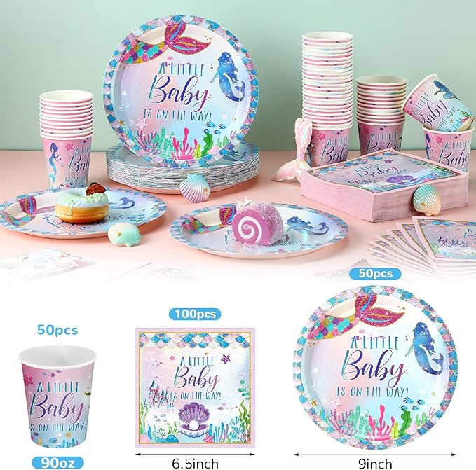 200 Pcs Mermaid Baby Shower Paper Plates Napkins Cups Under the Sea