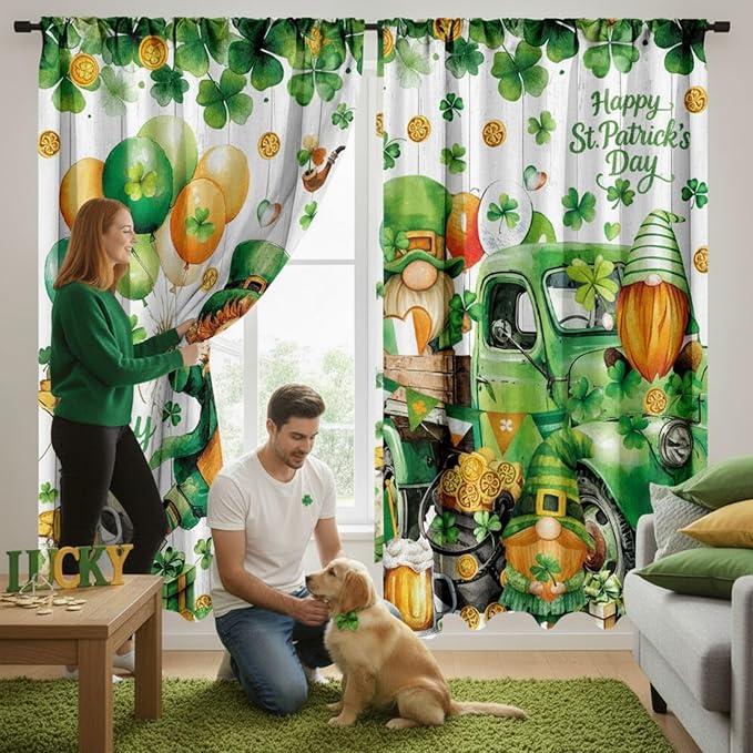 2 Pcs St Patrick's Day Curtains for Living Room Green Shamrock Truck