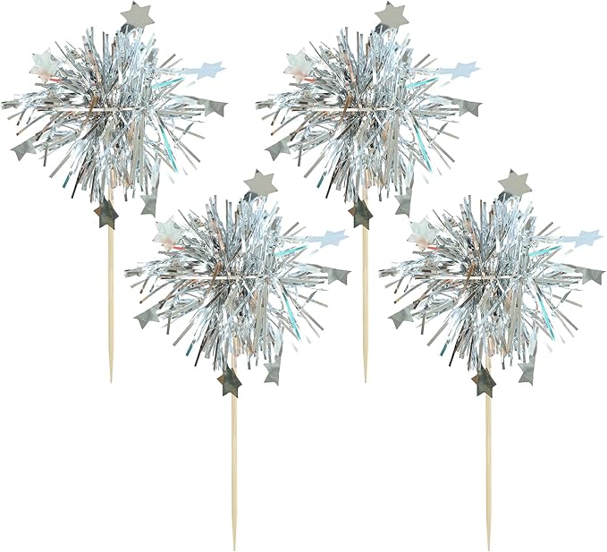 Gyufise 30Pcs Foil Firework Cupcake Toppers Sparkle Tinsel Star Cake