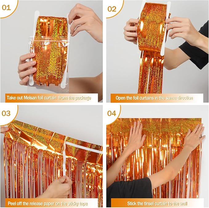 Melsan Orange Tinsel Backdrop Curtains, 3.2ft x 8.2ft Sparkle