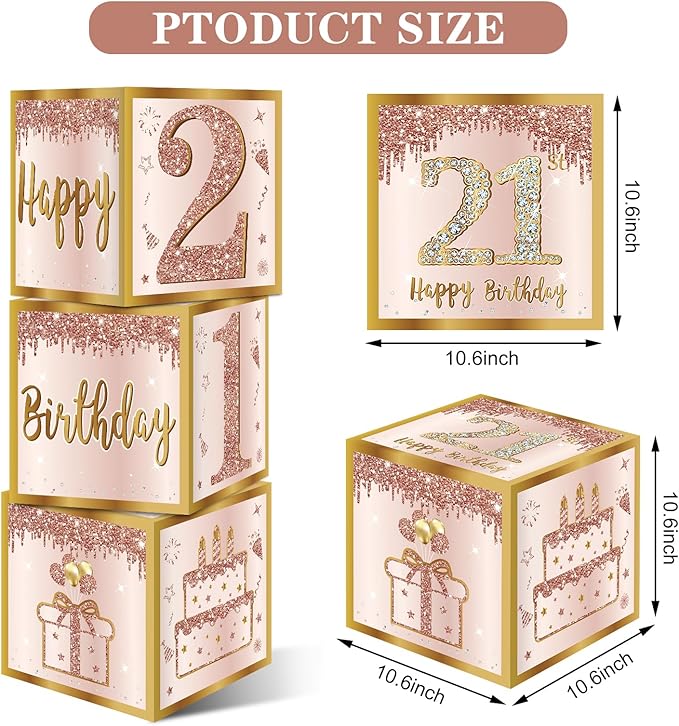 3Pcs 21st Birthday Decorations Boxes for Women Pink Rose Gold 21st