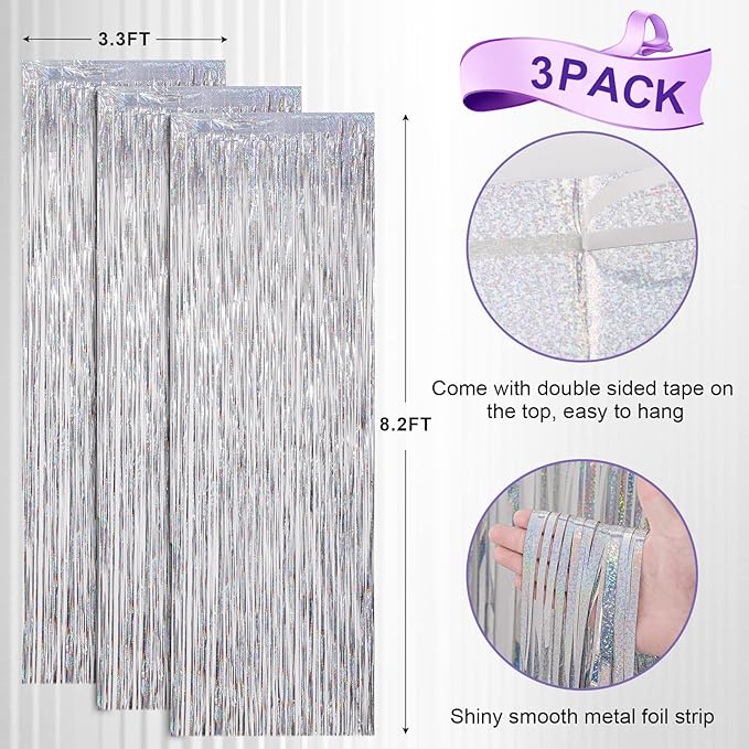 Voircoloria 3 Pack 3.3x8.2 Feet Laser Silver Foil Fringe Backdrop