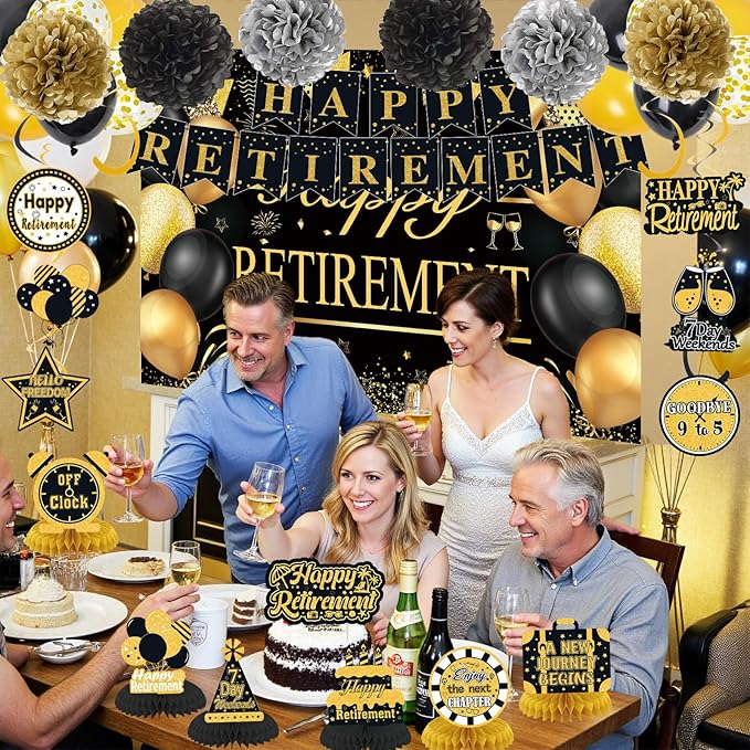 Retirement Party Decorations for Men Women Black Gold Happy