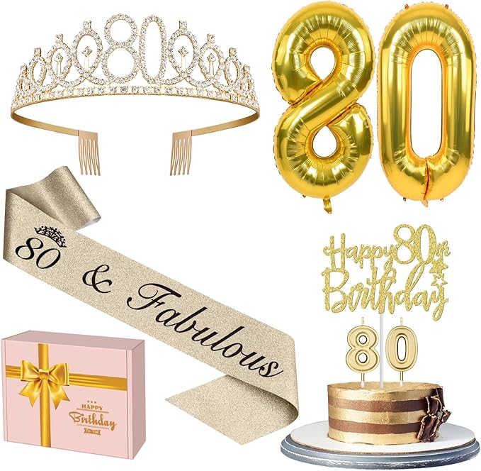 80th Birthday Decorations for Women Gold with 80th Birthday Sash and
