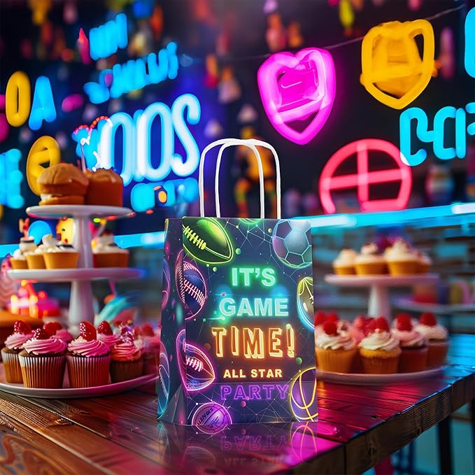 24 Pack Neon Sports Party Favor Bags for Kids Glow in the Dark